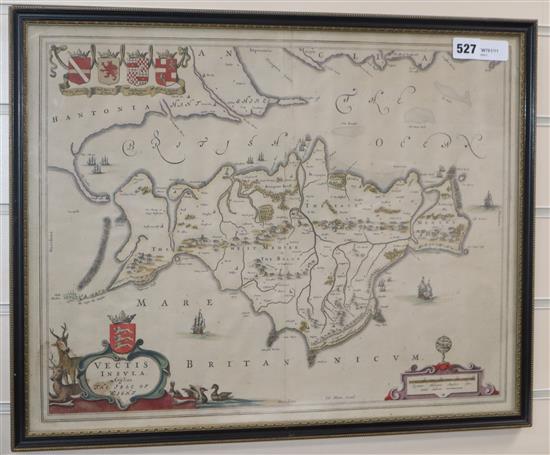 After Blaeu, a hand-coloured engraved map of Vectis Insula Anglice (The Isle of Wight), in Hogarth-style frame